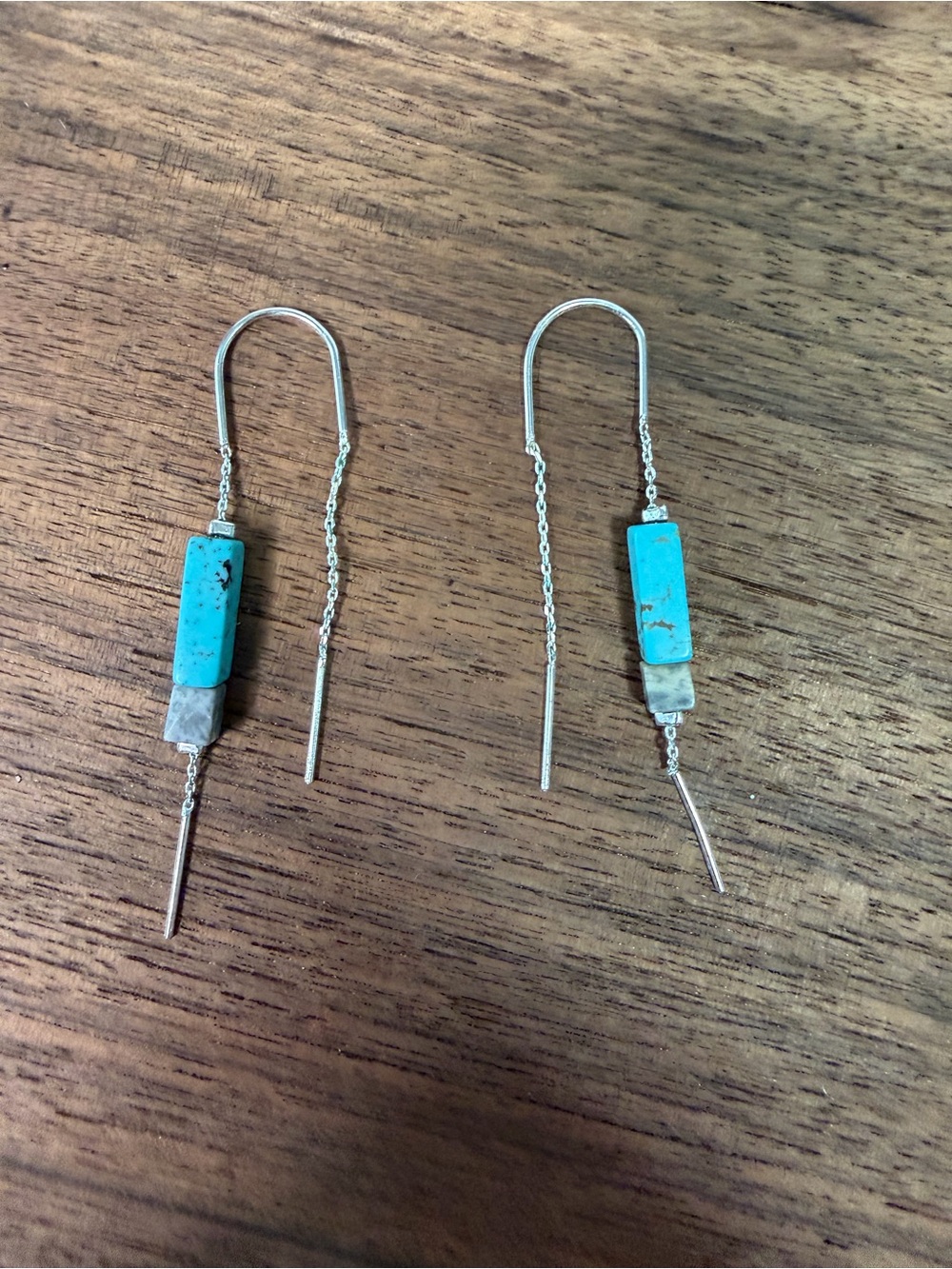 Boutique Faux Turquoise Bar Threader Earrings Silver Tone Western Boho